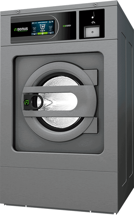 Gray Domus brand front-loading commercial washing machine with screen and door