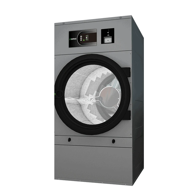 A gray industrial Domus Comfort Dryer - UDTM with a black circular door and control panel.