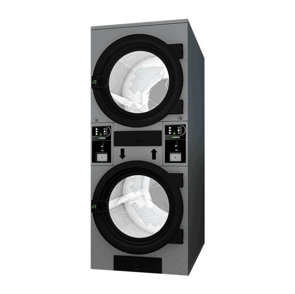 UDTM2 – COMFORT STACK commercial dryer with black doors and digital control panels