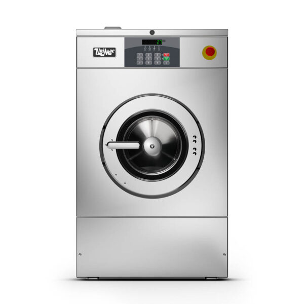 Silver industrial washing machine with digital controls and a red emergency stop button