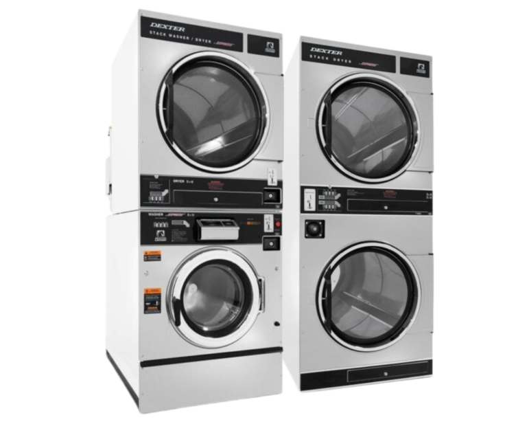 Stacked Dexter coin-operated washer and dryer units shown side by side, commonly used in laundromats and multi-housing laundry rooms serviced by Southeastern Laundry