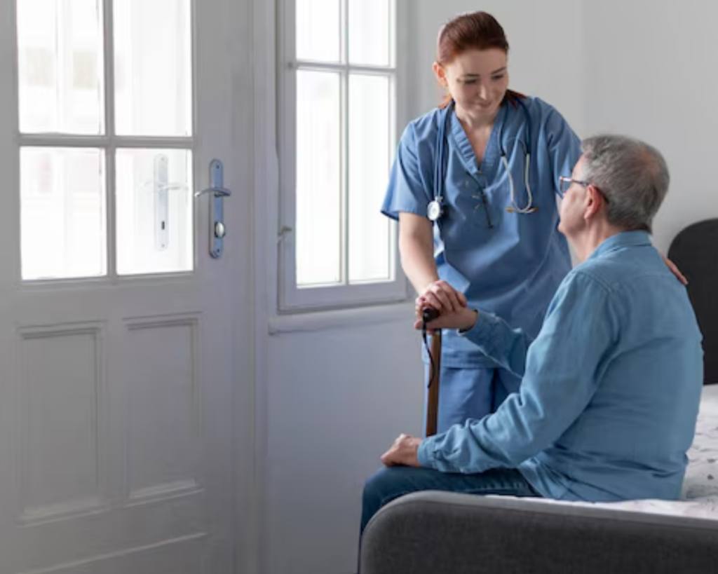 A nurse comforting a senior resident in a Madison memory care home where dependable laundry equipment repair keeps daily routines smooth.