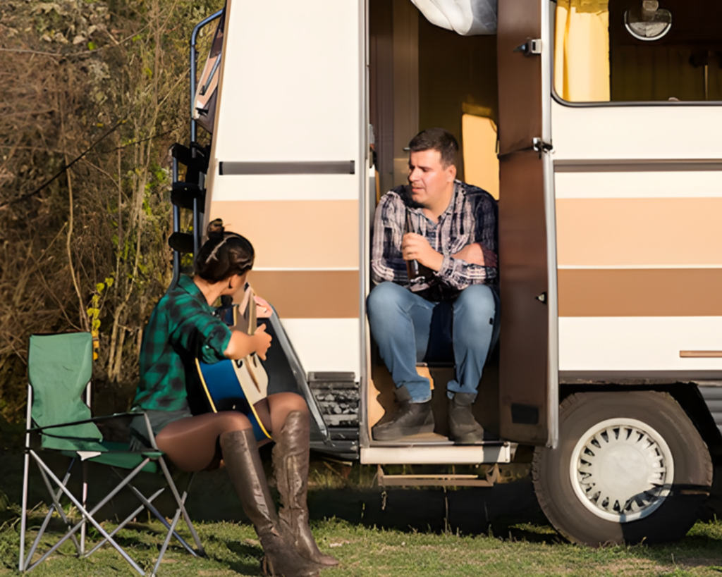 Campers relaxing outside their RV at a Madison campground that relies on well-maintained laundry equipment.