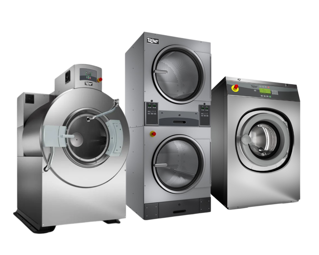 Row of commercial washing machines and dryers in a professional laundry setup