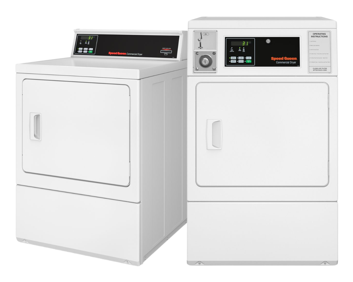 Two Speed Queen commercial dryers shown side by side, designed for reliable laundry use in Oak Ridge facilities.