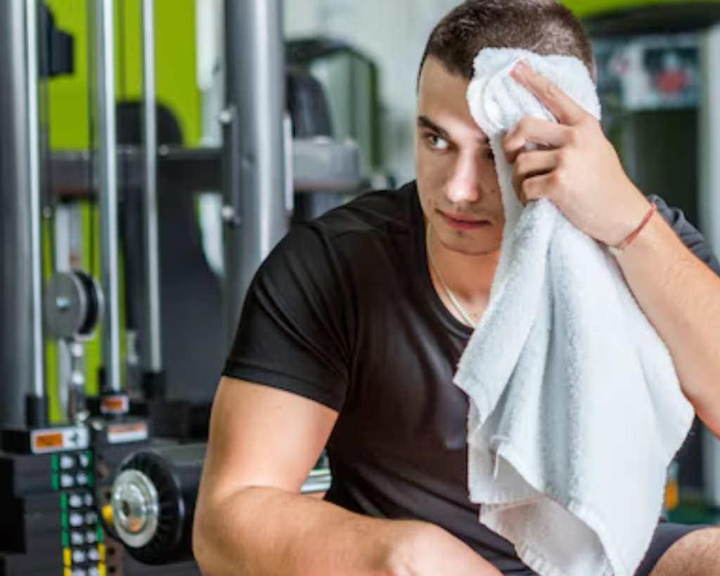 Man wiping sweat with a gym towel, showing how fitness centers rely on steady laundry cycles to keep towels stocked.