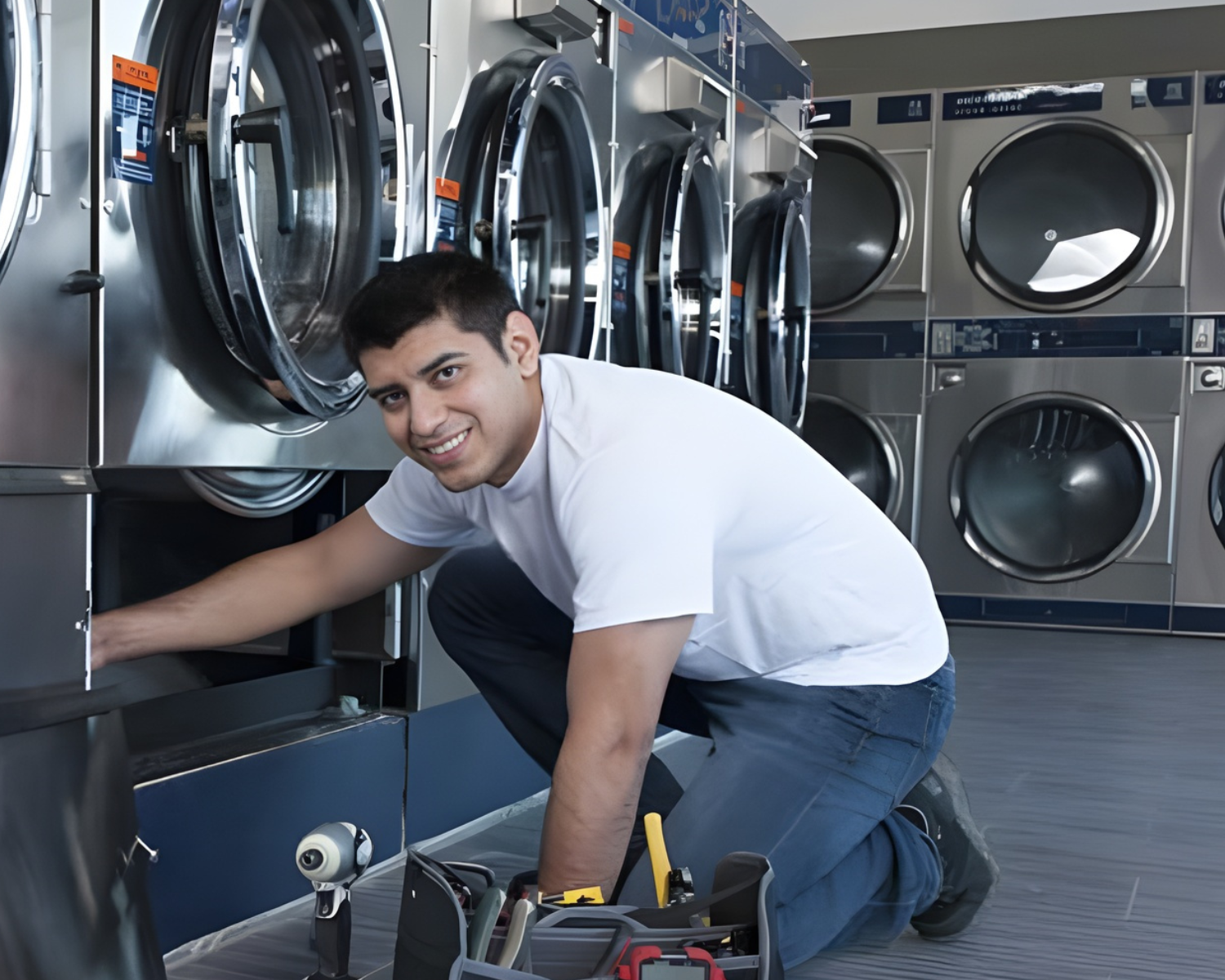 Technician performing maintenance on a commercial front-load washing machine