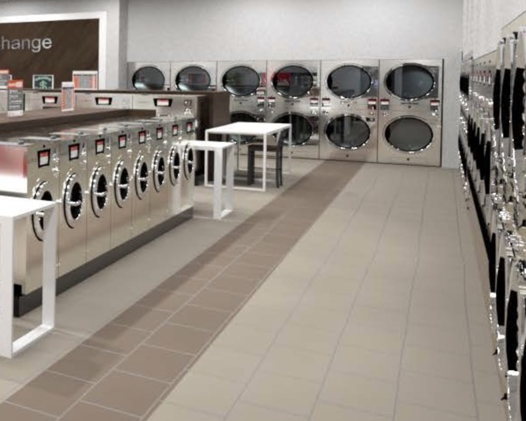 Homewood laundromat setup with new stainless steel commercial washers and dryers available through SELaundry.