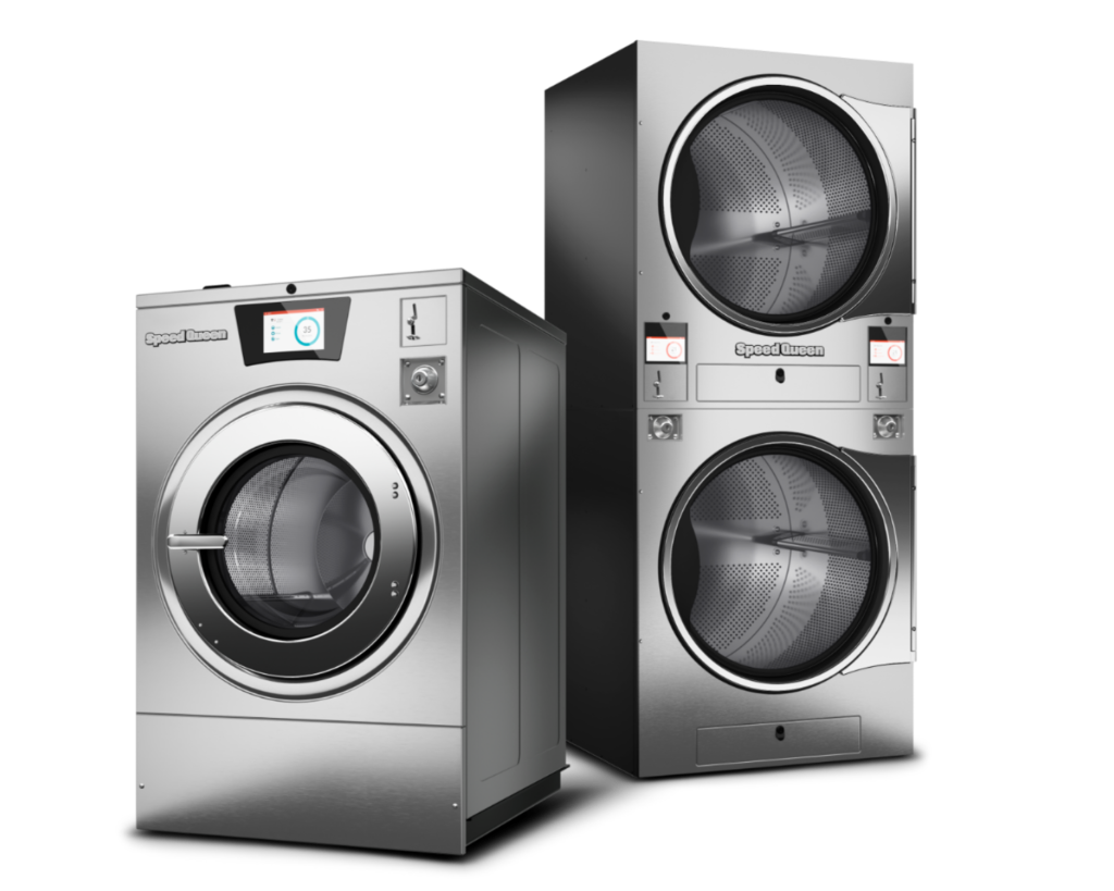 Durable Speed Queen washer and stack dryer unit suitable for Bessemer laundromat use.