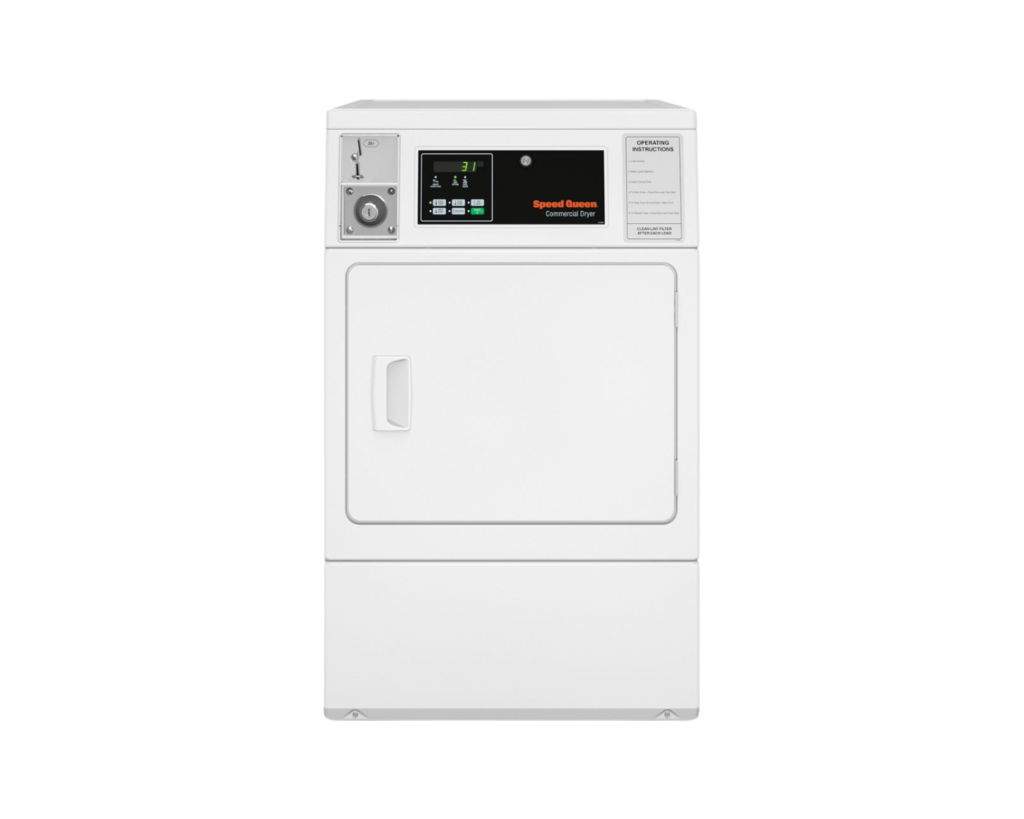 Front view of a Speed Queen coin-operated dryer for Millbrook multi-housing laundry.