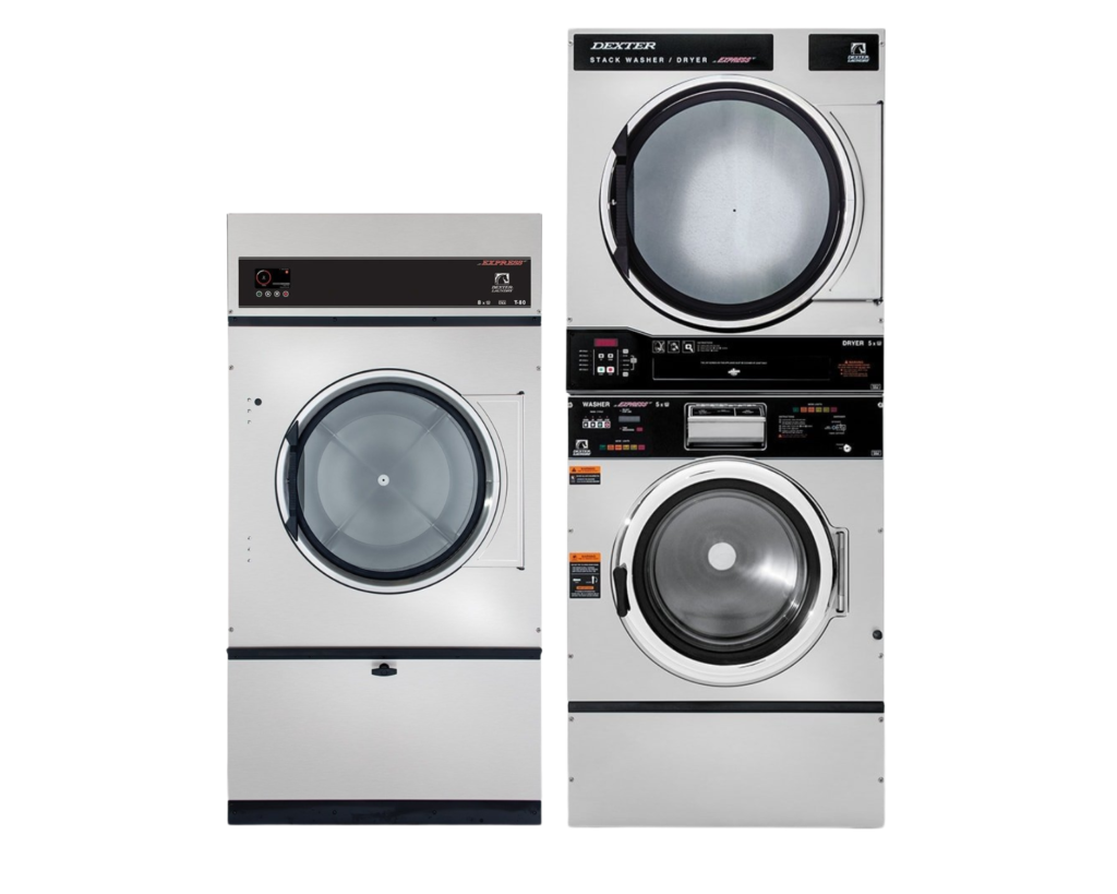 Stacked Dexter commercial washer and dryer units installed for shared laundry use in Murfreesboro apartment communities.