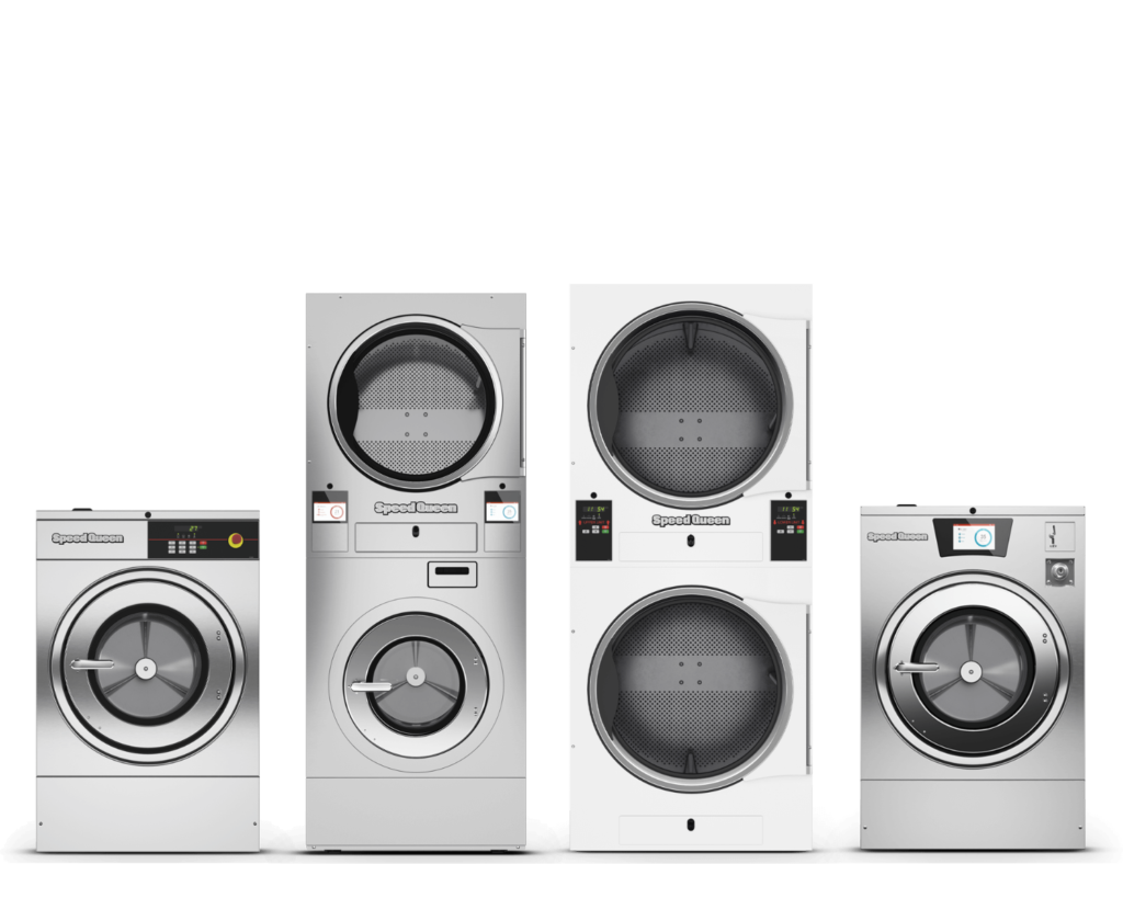Speed Queen commercial washers and dryers displayed as equipment options for Millbrook laundry operations.