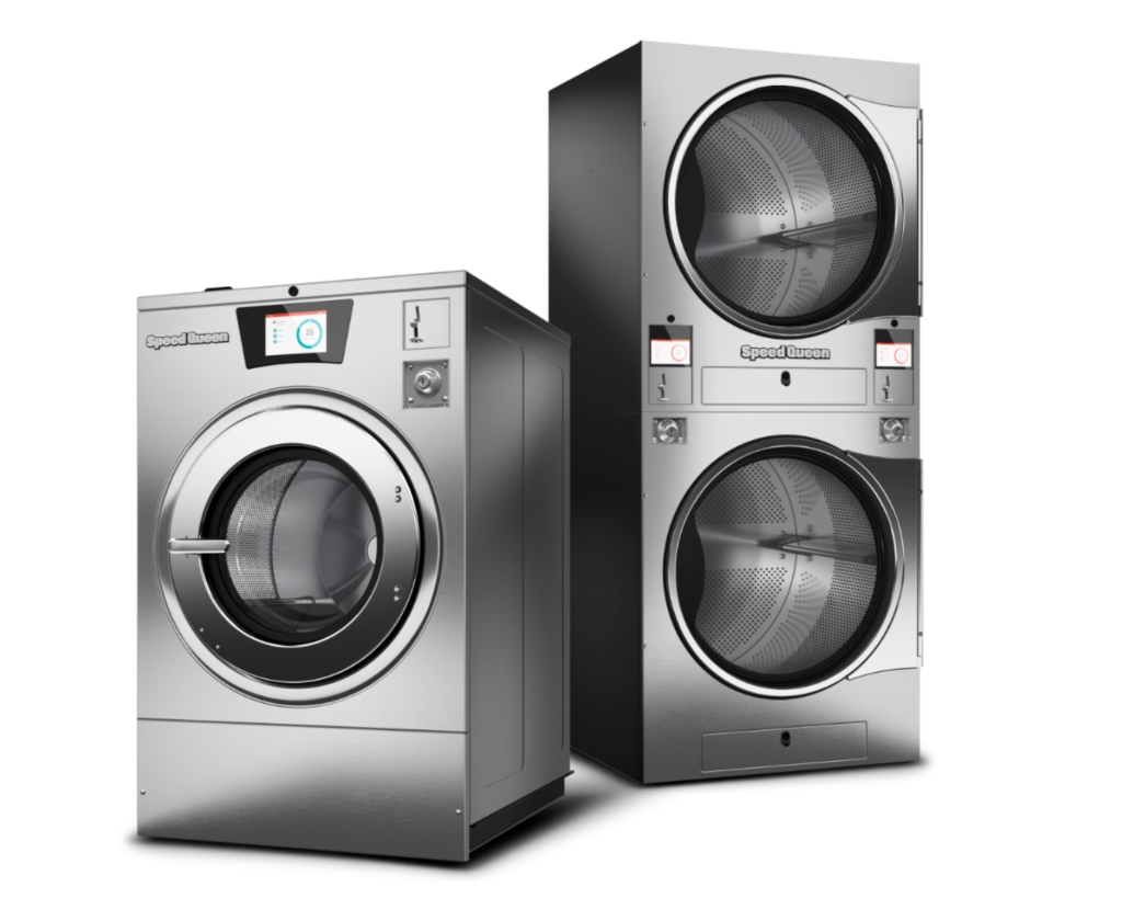A Speed Queen washer and stacked dryer set designed for busy multifamily and shared laundry spaces.