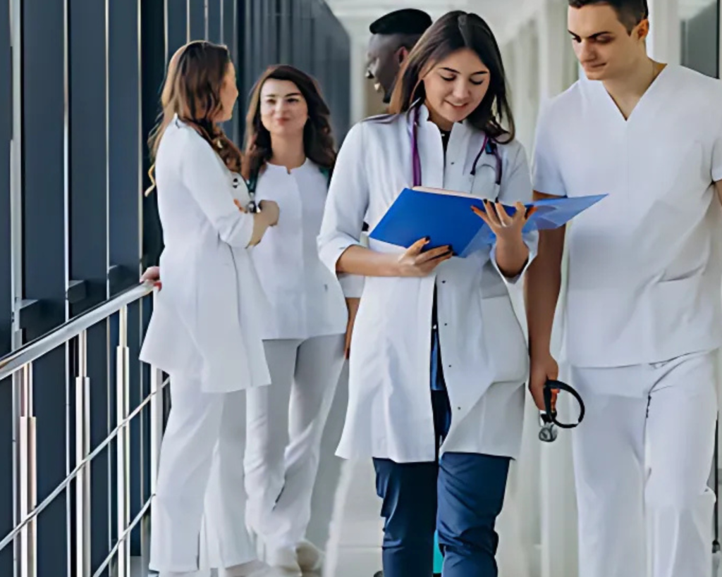 Hospital staff in clinical attire moving through a healthcare facility that depends on clean linens and reliable laundry workflows.