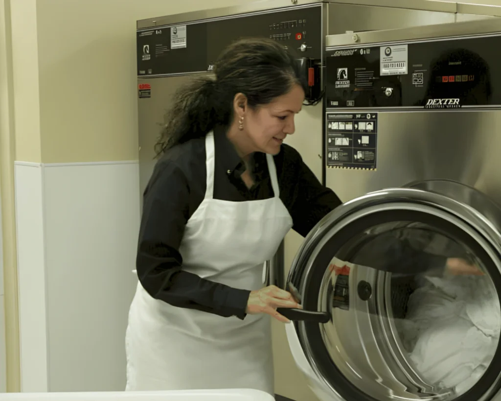Laundromat attendant loading a commercial washer in a Greer, SC self-service laundry.