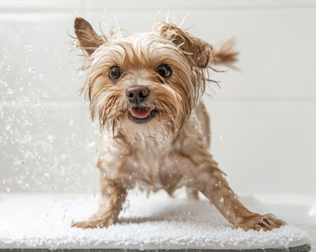 Freshly bathed dog shaking water onto a towel, a common scene in pet boarding facilities with high laundry demand.