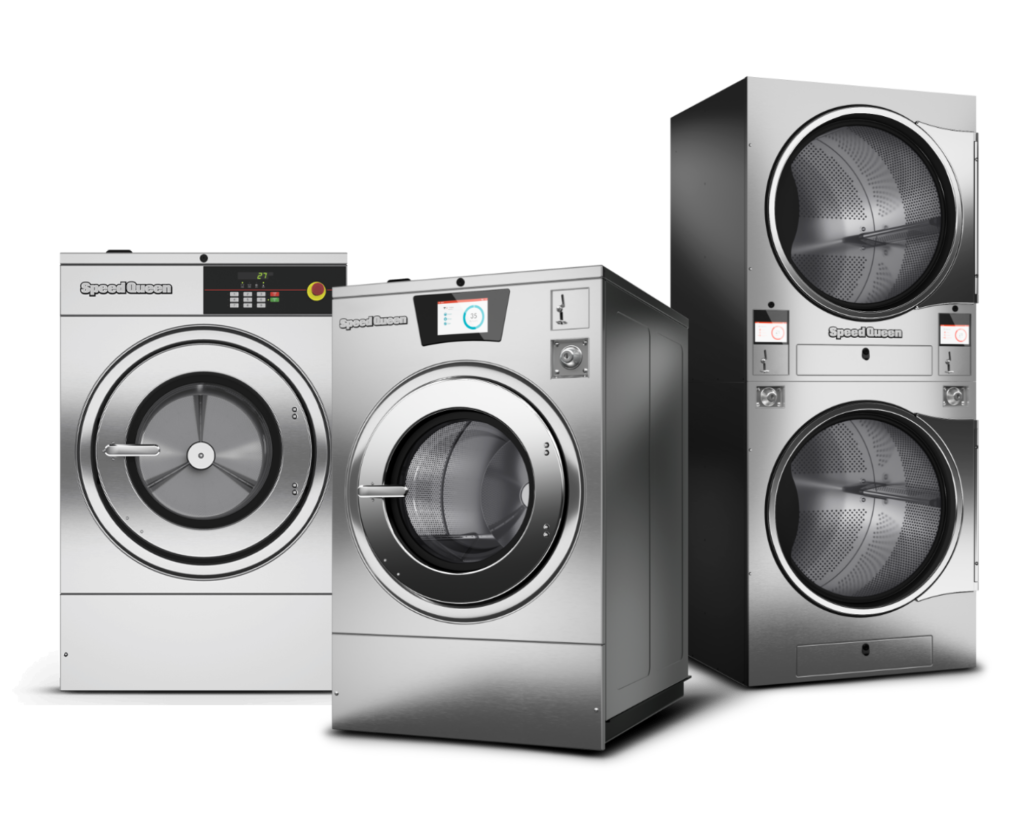 Speed Queen hardmount washers and stacked dryers displayed together, a typical setup for commercial laundry rooms in Roswell, GA.