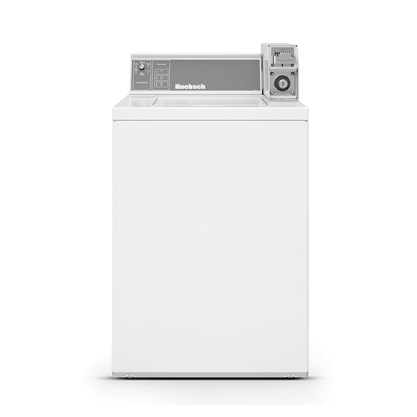 White top-load commercial washing machine by Huebsch.