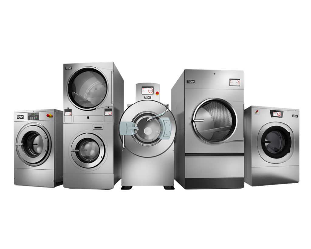 Row of industrial commercial washers and dryers supported by Southeastern Laundry repair services in Forsyth, GA.