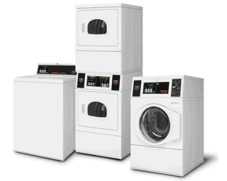 Commercial washers and stacked dryers set up for a Greer, SC laundromat laundry room.