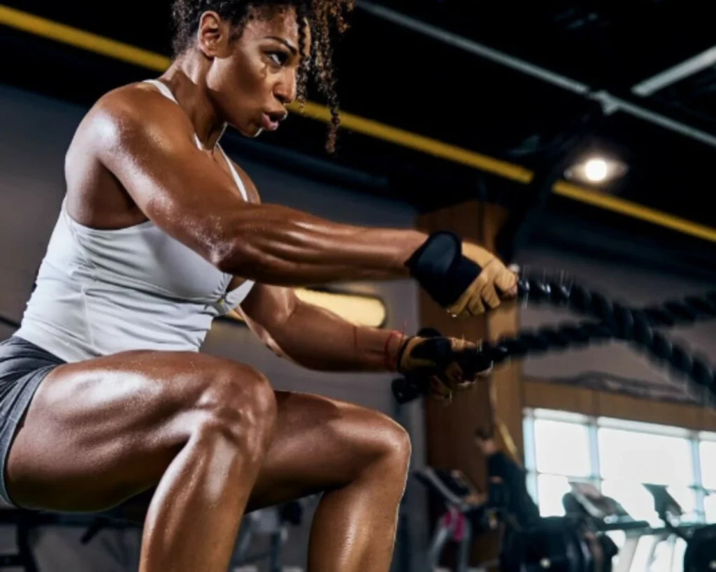 Athlete training with battle ropes in a Richmond Hill fitness center requiring high-volume towel laundry support.