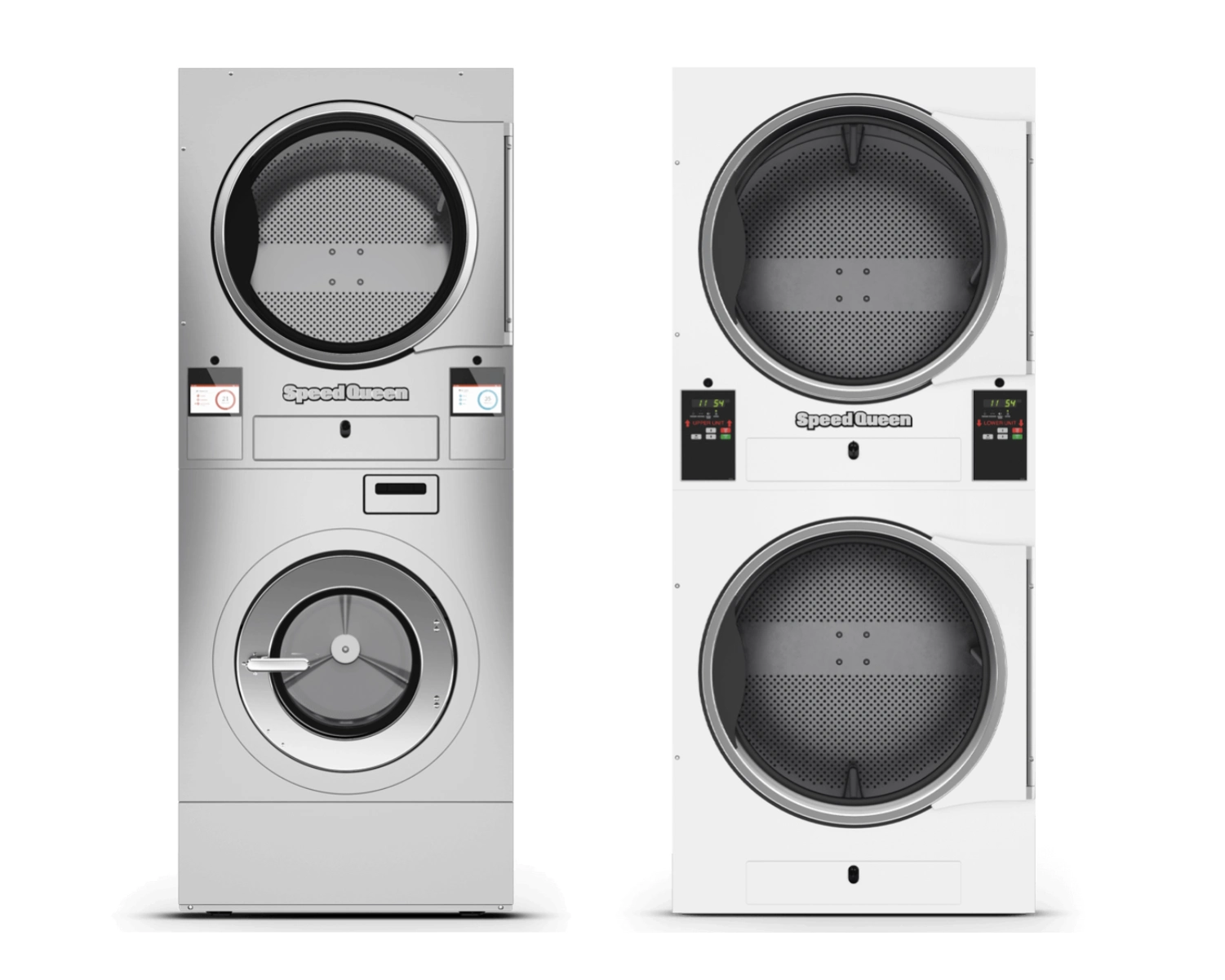 Stacked Speed Queen commercial dryers supplied by Southeastern Laundry in Richmond Hill, GA.