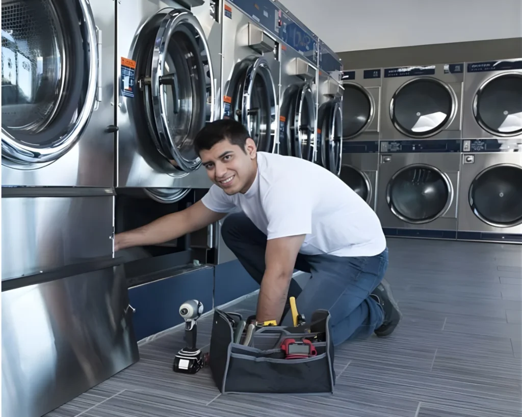 Commercial laundry technician servicing dryer unit demonstrating when to call a dryer technician before costly downtime