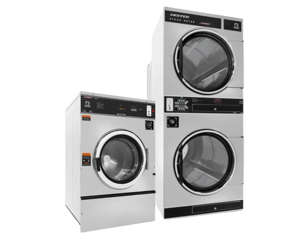 Commercial washer and stacked dryer used in on-premise laundry equipment setups for hotels, healthcare facilities, and commercial laundry rooms.