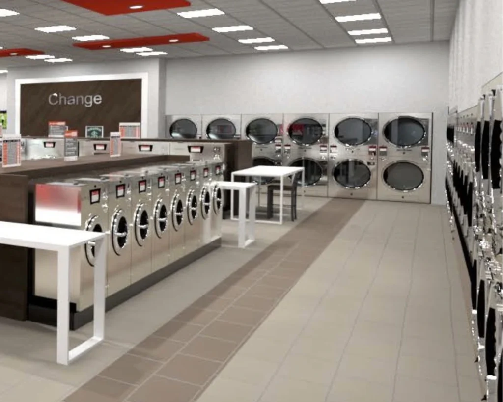 Bright laundromat interior layout highlighting for efficient equipment planning and growth