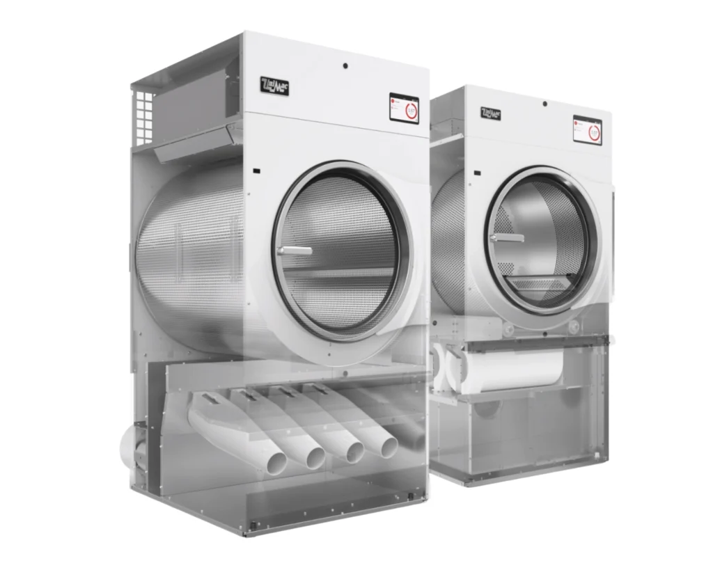 Commercial laundry equipment maintenance service plan shown through a cutaway dryer image highlighting internal airflow and key machine components.