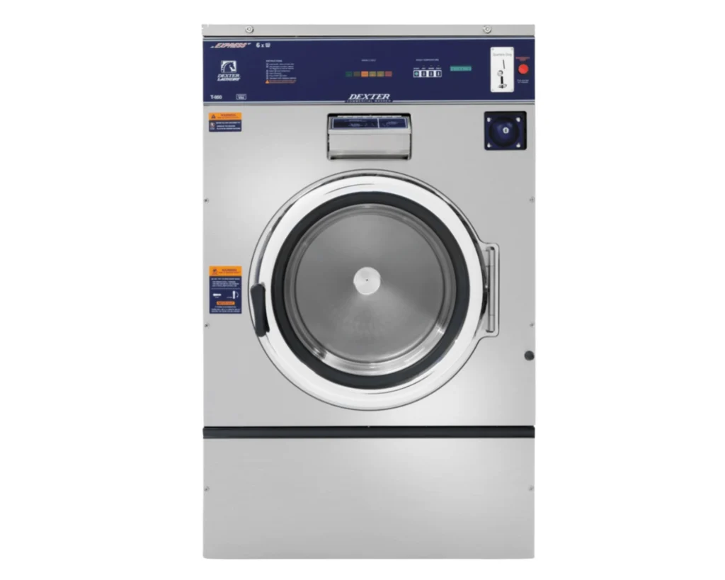 Front view of a Dexter industrial washer used in commercial laundry equipment setups for laundromats.