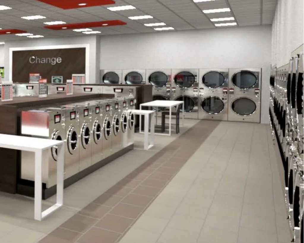 Laundromat interior with commercial washers, dryers, and folding tables for Southeastern Laundry in Orlando.