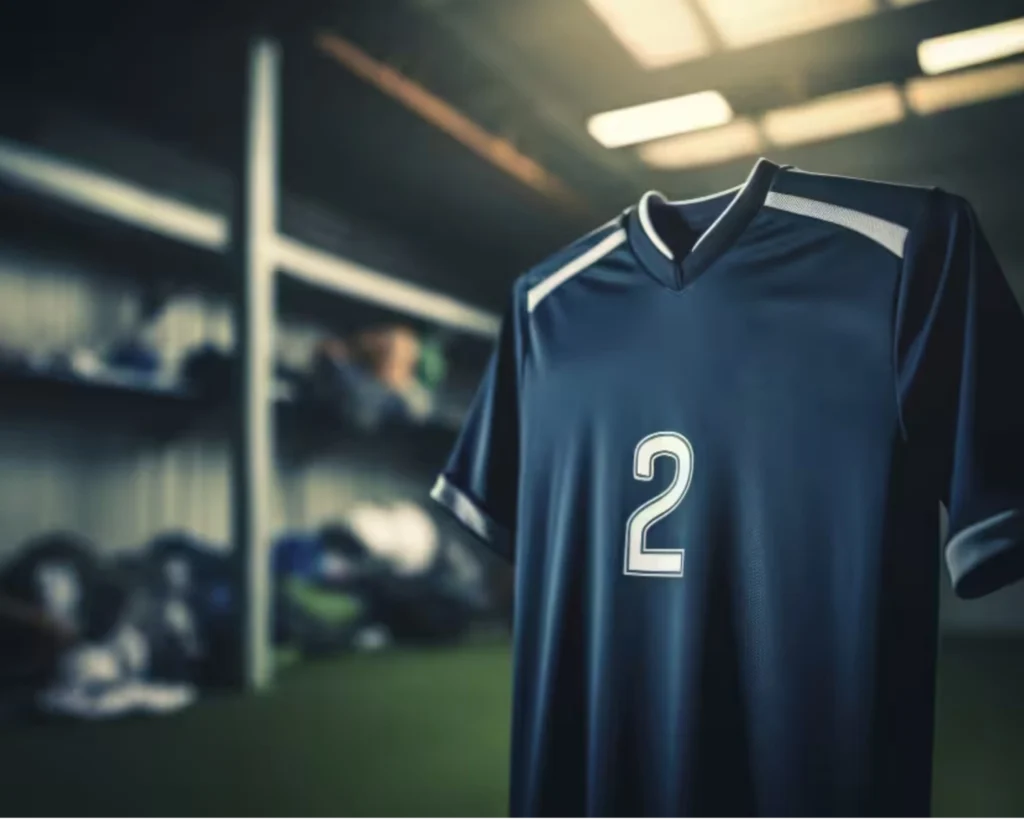 A clean navy sports jersey hangs in a locker room, illustrating how a commercial washer for sports centers keeps uniforms game-ready.