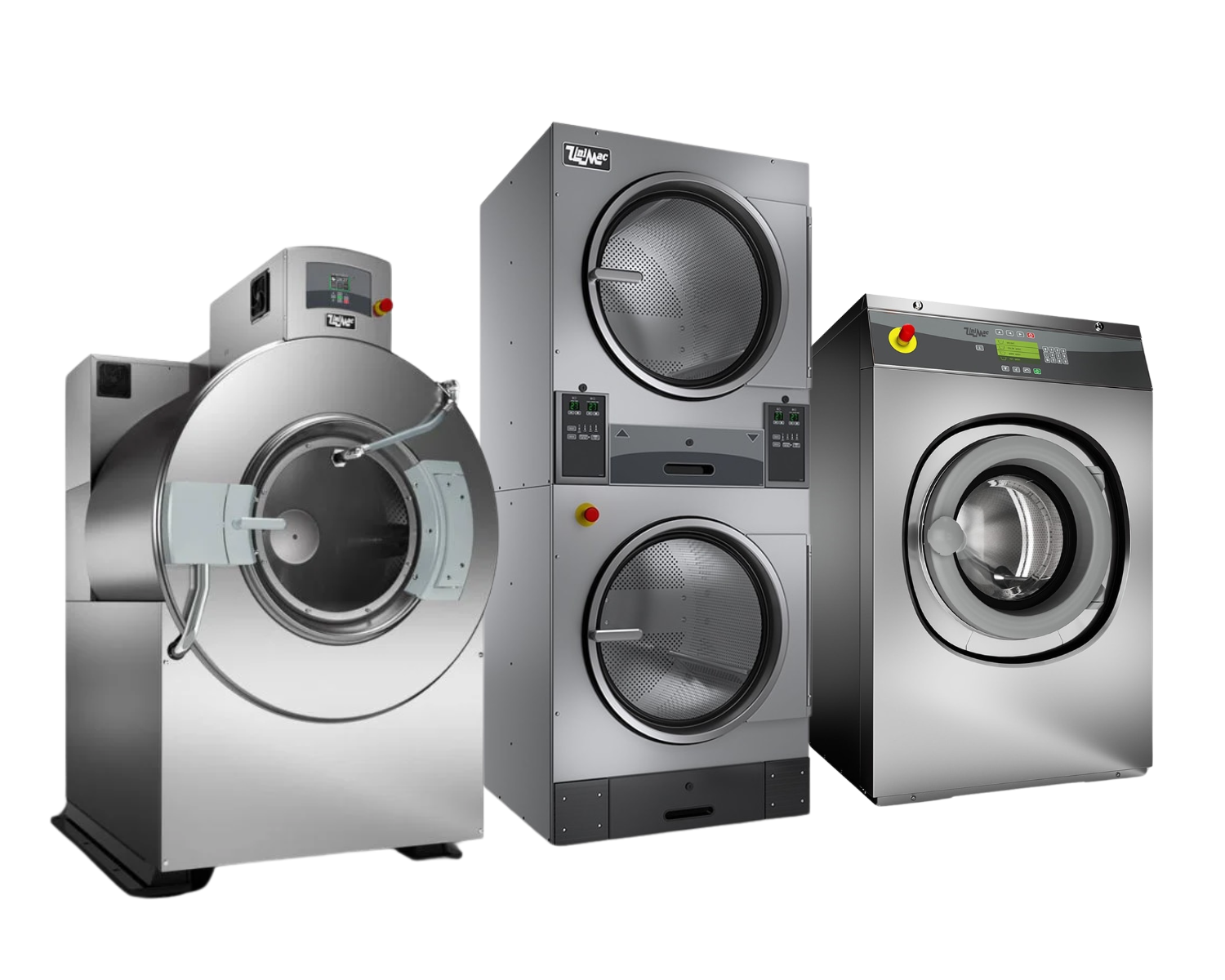 Lineup of commercial hardmount washers in a range of sizes designed for high-volume laundry needs.