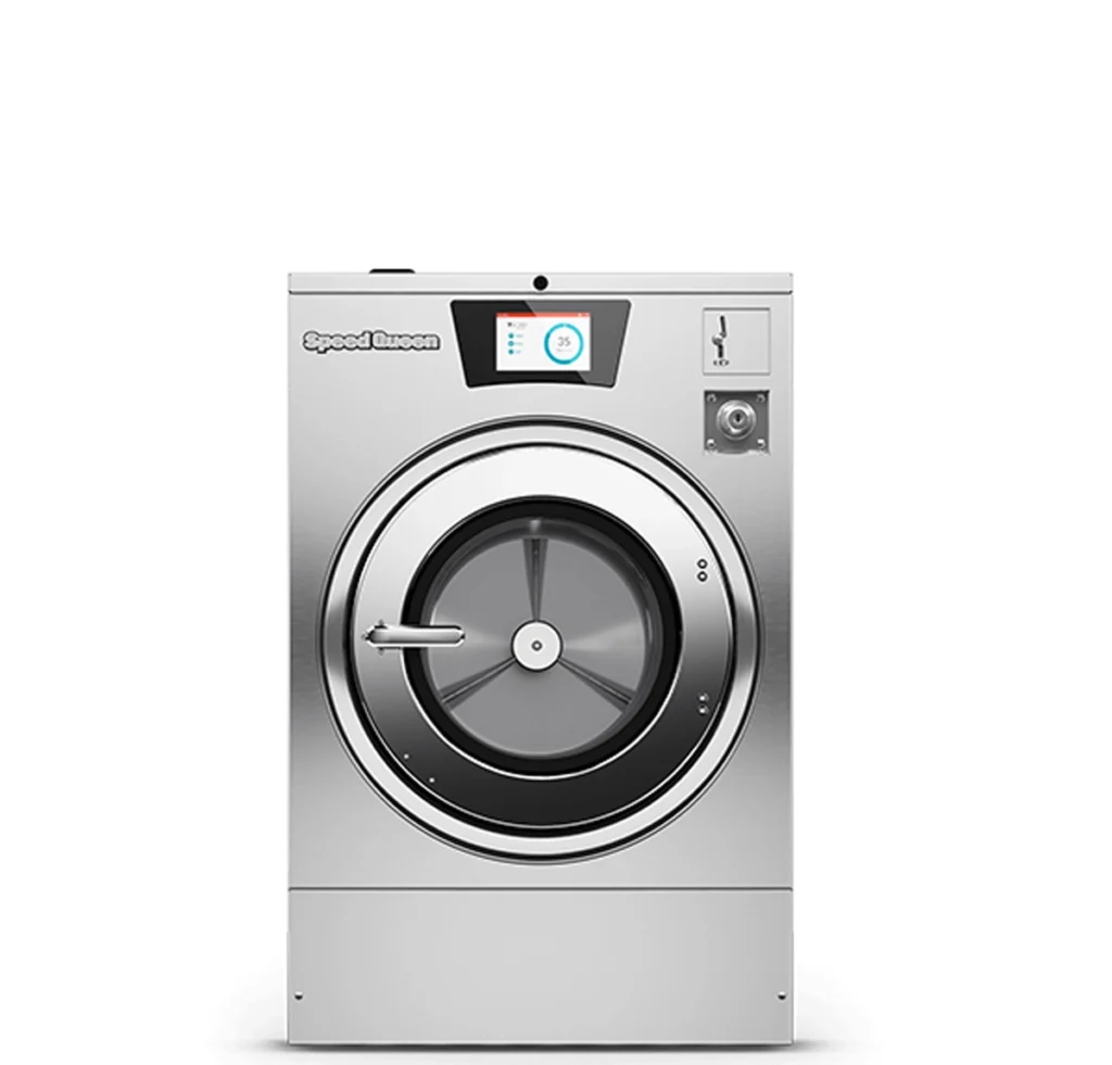 Speed Queen® Hardmount Washer-Extractor with front-loading door, digital control panel, and stainless commercial washer design.