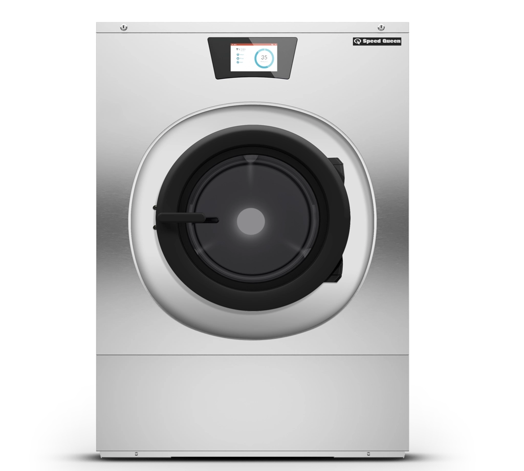 Speed Queen® Softmount Washer-Extractor with large front-loading door, digital display, and stainless commercial washer design.