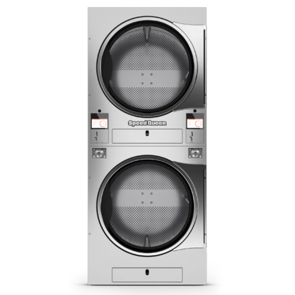 Speed Queen® Stack Tumble Dryers with two front-loading dryer drums, digital controls, and stainless commercial design.