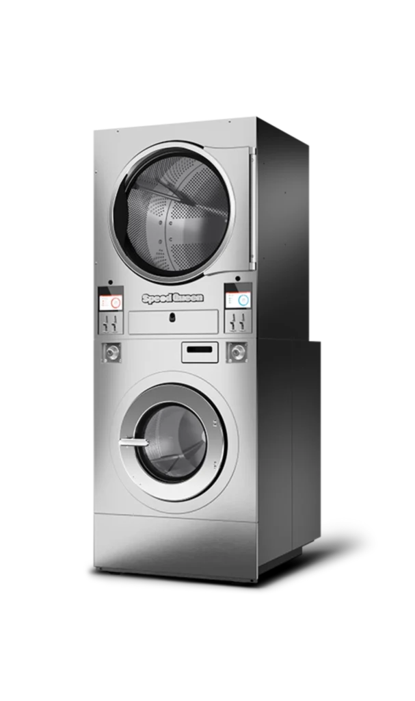 Speed Queen® Stacked Washer-Extractor/Tumble Dryers with upper dryer, lower washer, digital controls, and stainless finish.