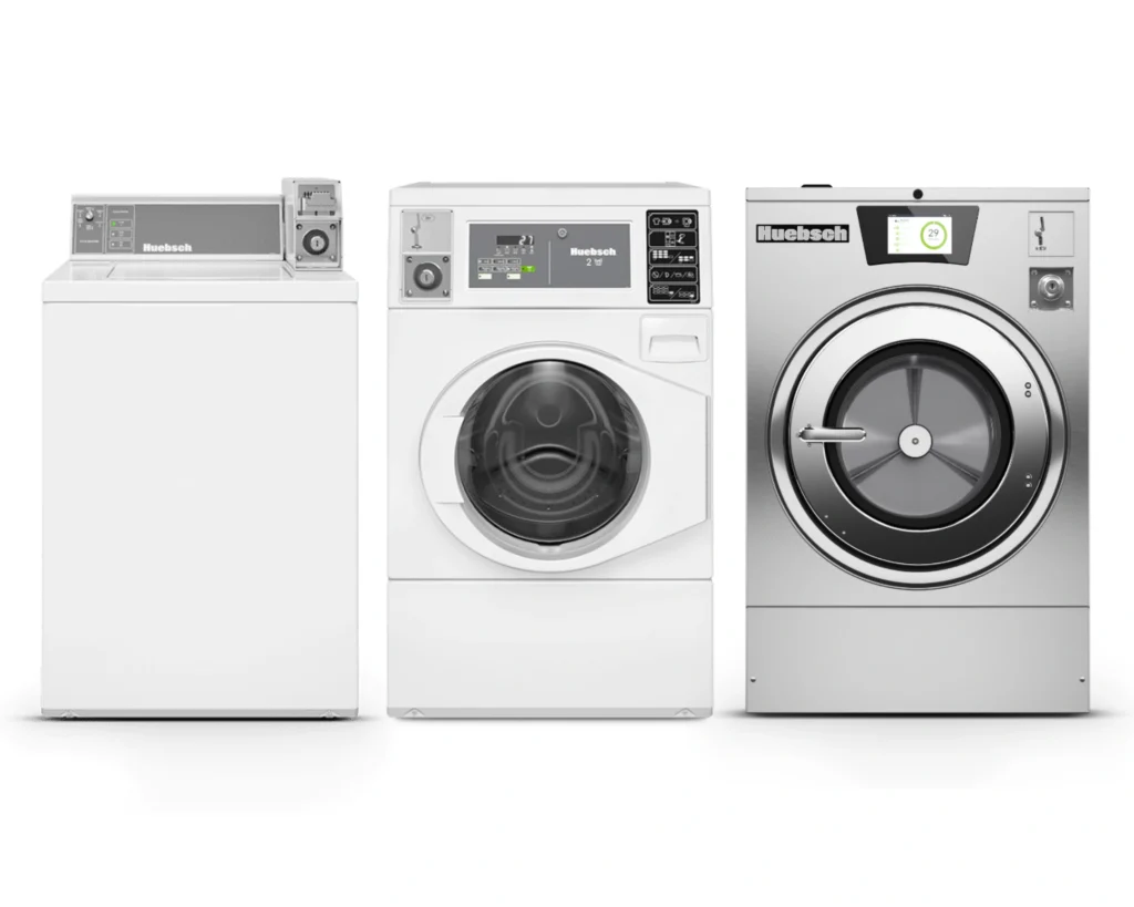 Huebsch commercial washers and stacked dryer shown for Southeastern Laundry laundromat equipment in Orlando.