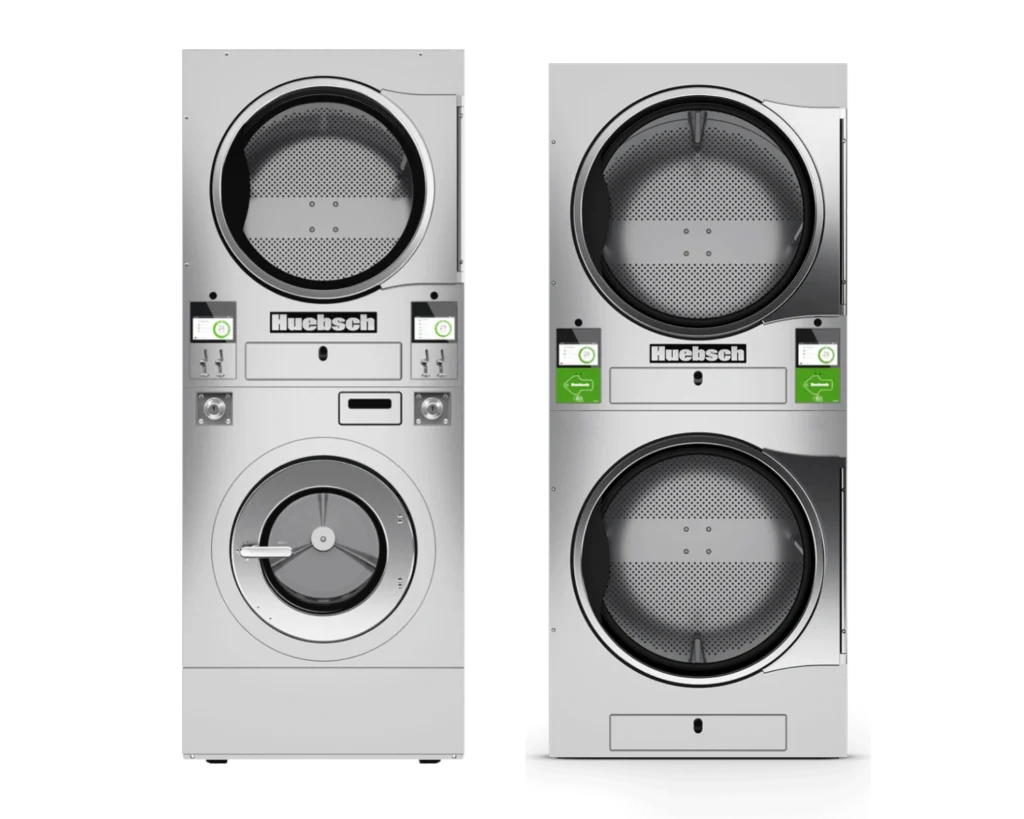 Huebsch® stacked washer and dryer equipment shown for Southeastern Laundry commercial laundry options in Kentucky.