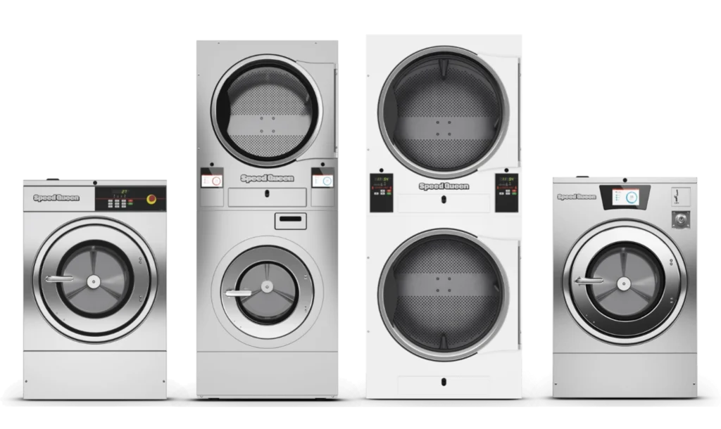 Speed Queen® laundromat equipment lineup with front-load washers and stacked dryer units shown on a black background.