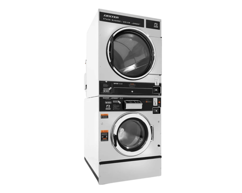 Dexter® stacked washer and dryer unit shown for Southeastern Laundry commercial laundry equipment in Tennessee.