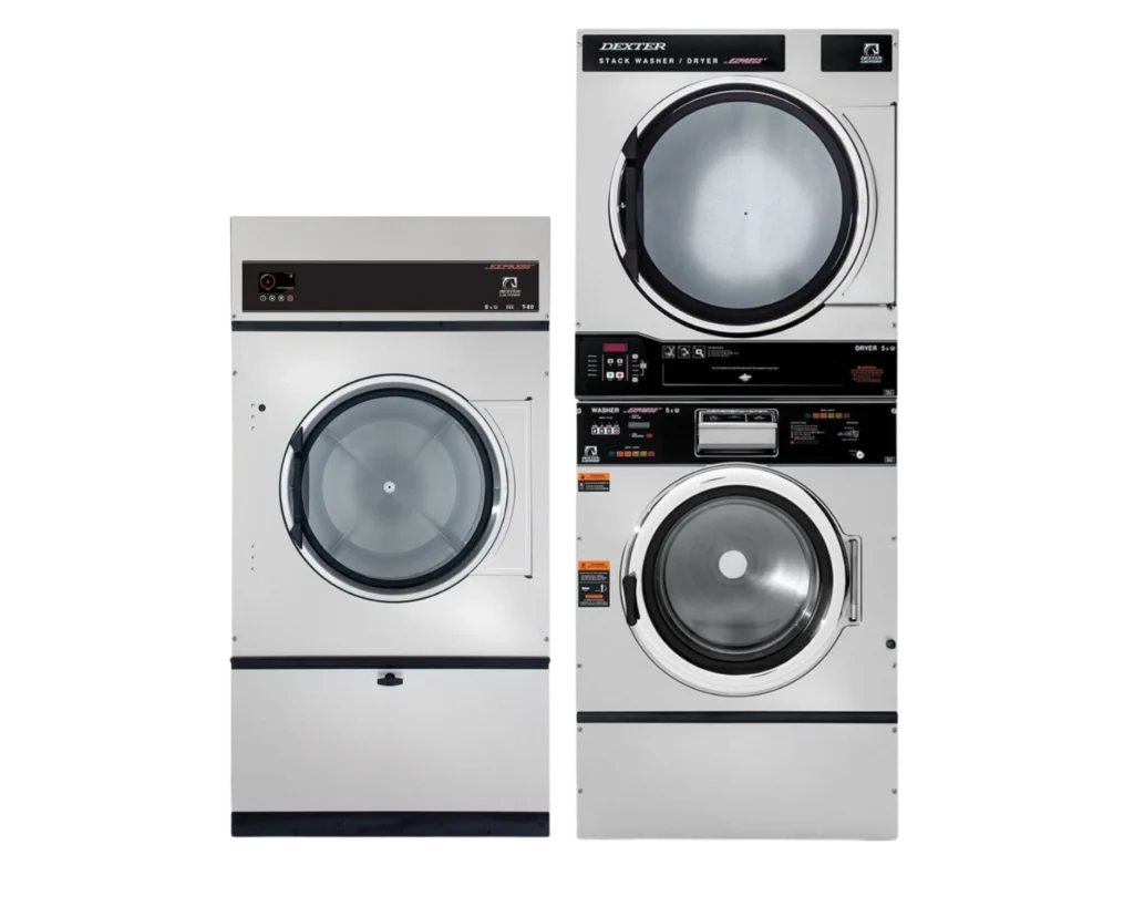 Dexter® commercial laundry equipment shown in a washer and stack unit lineup for Southeastern Laundry in Texas.