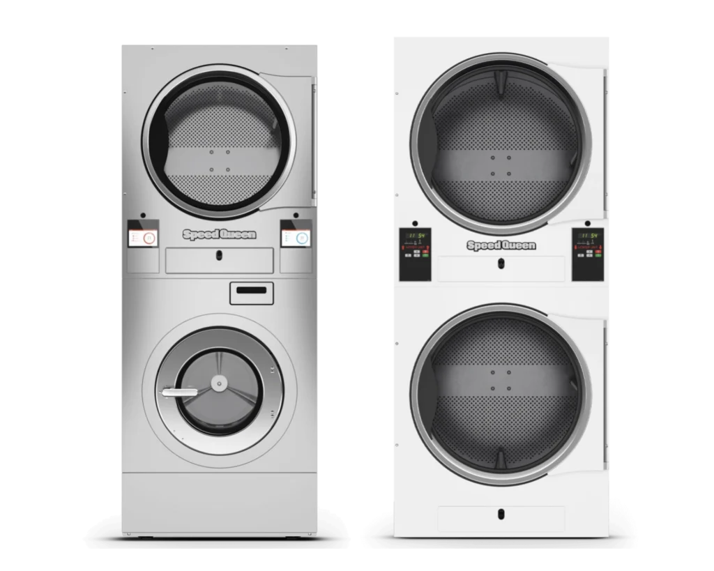 Speed Queen® stacked washer and dryer units shown for Southeastern Laundry commercial laundry equipment in Texas.