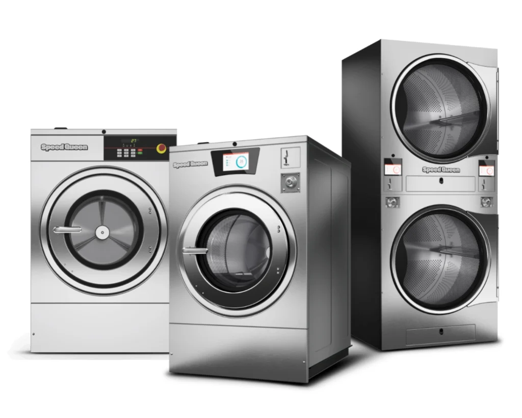Speed Queen commercial laundry equipment used to improve your laundromat layout with washers and stacked dryers
