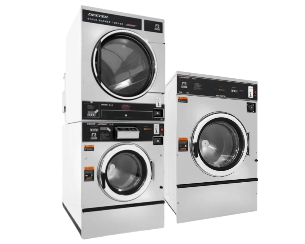 New laundromat owner comparing Dexter commercial laundry equipment, including a front-load washer and stacked dryer.