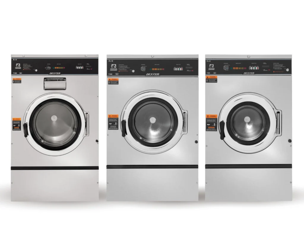 Three Dexter commercial laundry machines that can help facilities manage on-premise laundry costs through efficient OPL equipment.