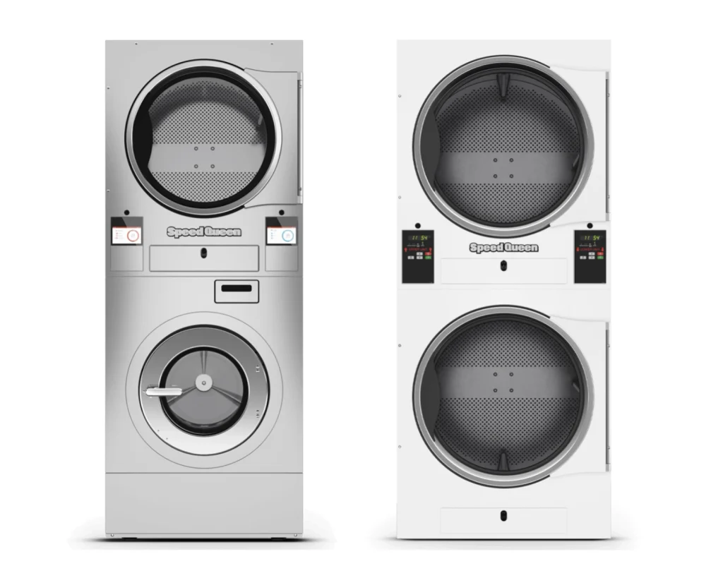 Speed Queen commercial dryers in a laundromat that requires routine dryer vent service